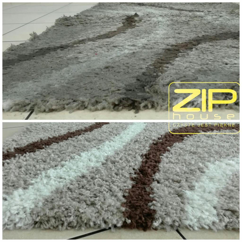 Dwa ujęcia tego samego dywanu shaggy w odcieniach szarości i brązu przed i po czyszczeniu, widoczna różnica w intensywności kolorów i puszystości włókien, logo firmy czyszczącej w prawym górnym rogu.