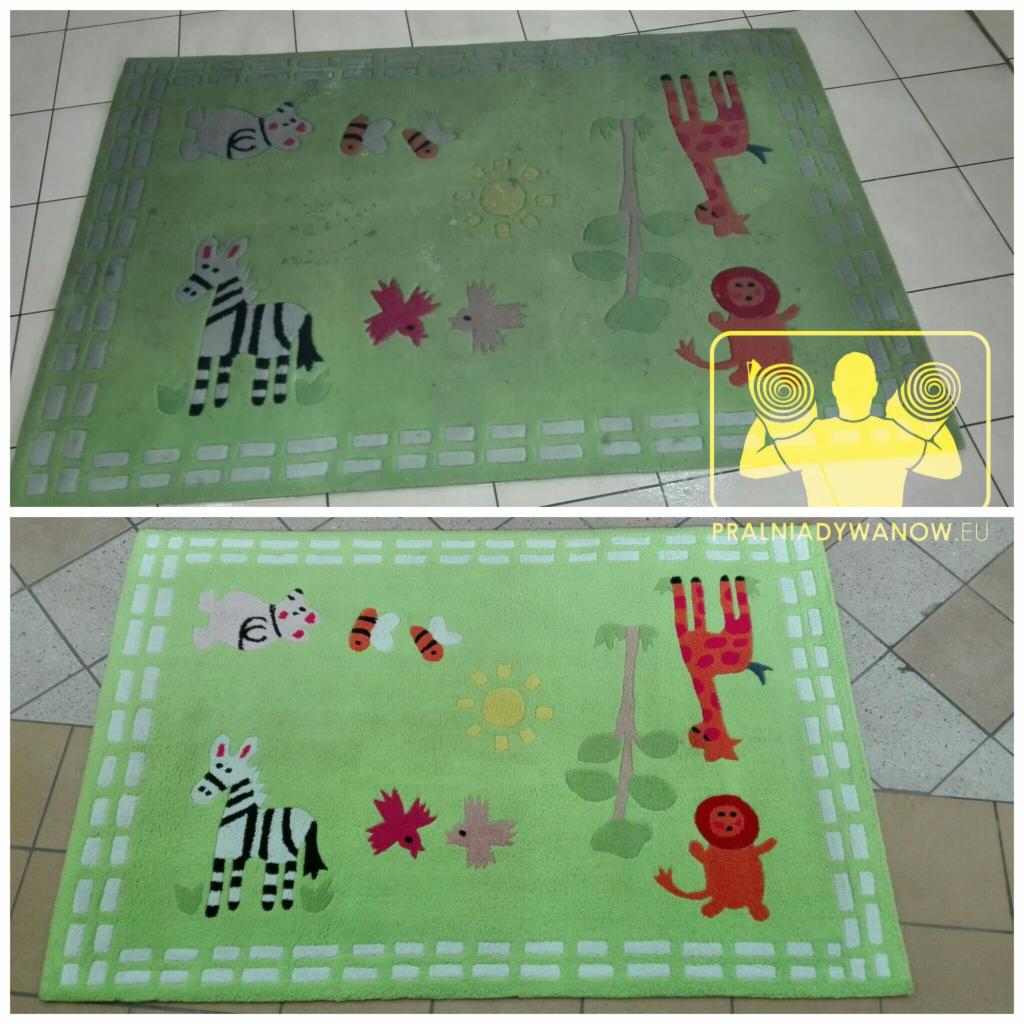 Zielony dywan dziecięcy z motywami zwierząt przed i po czyszczeniu, widoczne różnice w czystości i intensywności kolorów.