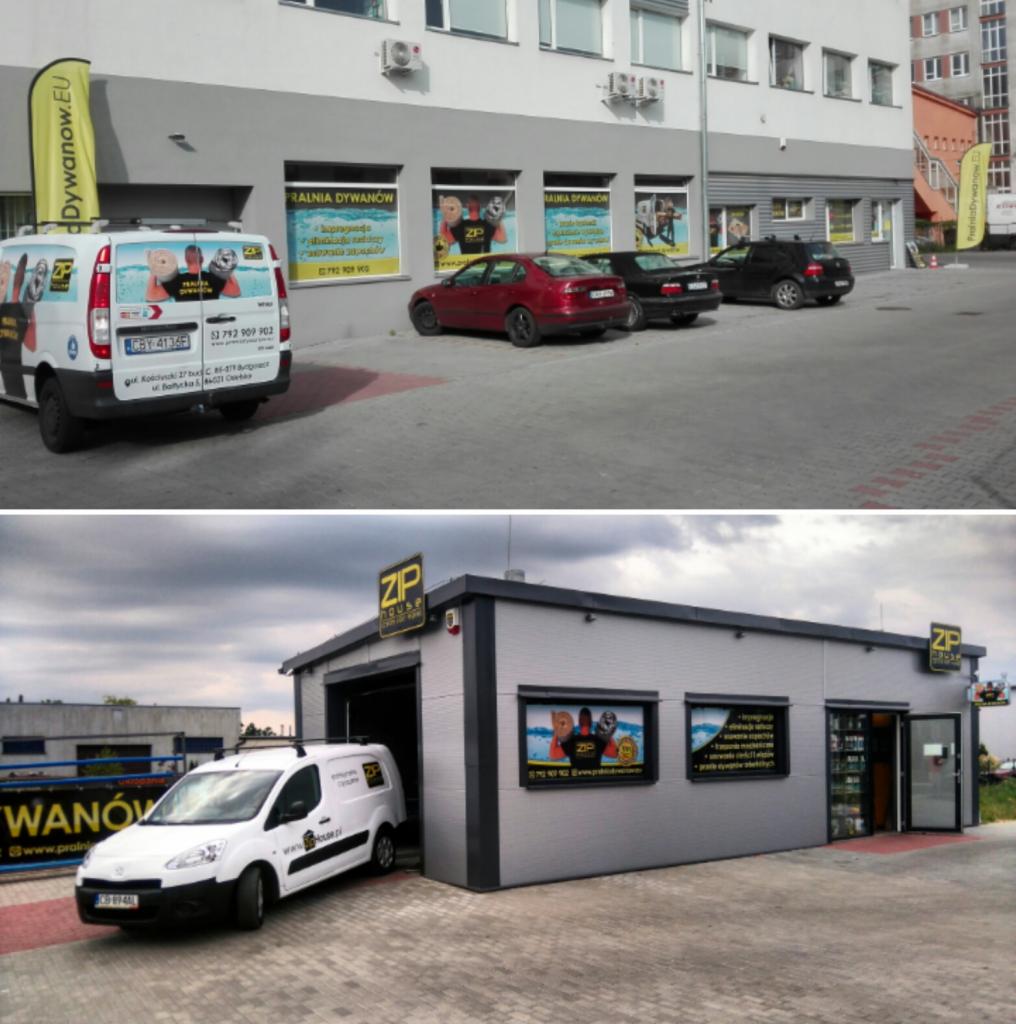 Budynek firmy ZIP House z reklamą na oknach i zaparkowanymi samochodami oraz samochodem dostawczym z logo firmy