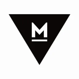 Czarno-białe logo w kształcie trójkąta z literą M przeciętą poziomą linią wewnątrz.