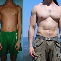 Trener personalny Katowice Rafał Zimnik - Zdjęcie 'przed i po' prezentujące transformację sylwetki mężczyzny po treningach: chuda budowa ciała po lewej, wysportowana i muskularna sylwetka po prawej stronie zdjęcia.