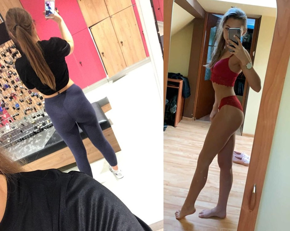 Kolaż: po lewej sylwetka w legginsach w siłowni, po prawej szczupła sylwetka w czerwonej bieliźnie, widoczna w lustrze, ukazująca efekt ćwiczeń.