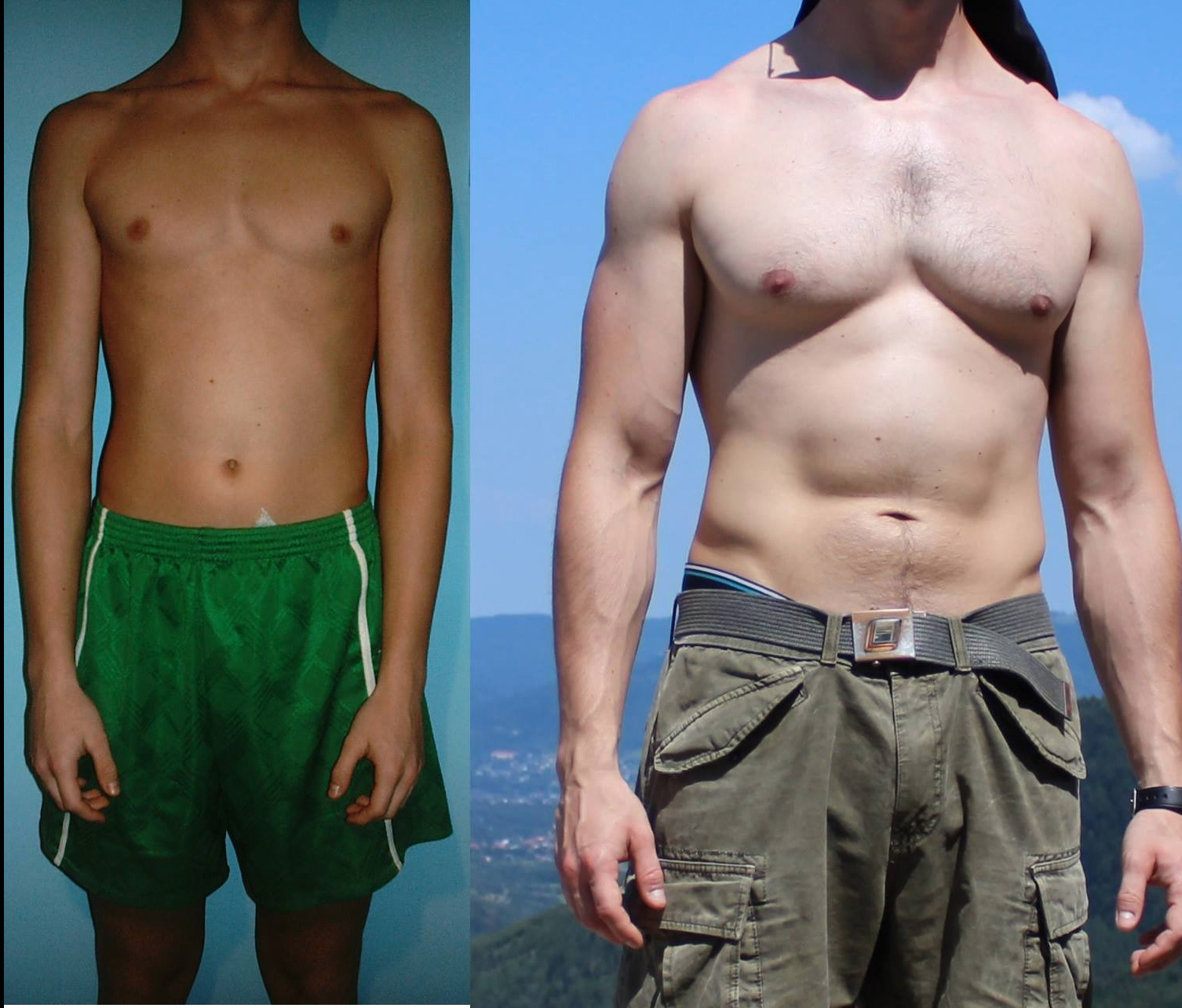 Zdjęcie 'przed i po' prezentujące transformację sylwetki mężczyzny po treningach: chuda budowa ciała po lewej, wysportowana i muskularna sylwetka po prawej stronie zdjęcia.