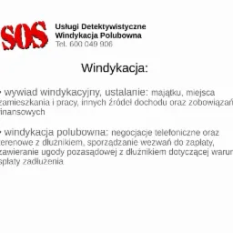 Tekst informacyjny o usługach detektywistycznych i polubownej windykacji, z logo SOS, numerem telefonu i opisem zakresu działań.