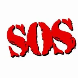 Czerwony napis SOS z efektem rozprysku farby na białym tle.