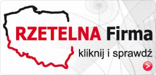 Logo 'Rzetelna Firma' z konturem Polski w kolorze czerwonym i czarnym, zachęcające do kliknięcia i sprawdzenia.