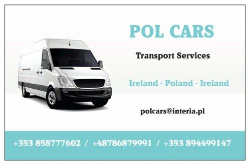 Wizytówka firmy transportowej POL CARS, oferującej usługi transportowe między Irlandią a Polską, z białym busem na pierwszym planie i danymi kontaktowymi.