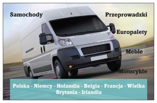 Grafika reklamowa przedstawiająca biały samochód dostawczy z naniesionymi napisami 'Samochody', 'Przeprowadzki', 'Europalety', 'Meble', 'Motocykle' oraz listą krajów: Polska, Niemcy, Holandia...