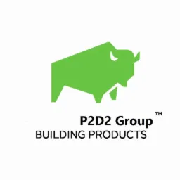 Logo P2D2 Group BUILDING PRODUCTS z geometrycznym zielonym bykiem na białym tle.