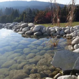 Oczko wodne wyłożone otoczakami i płytami skalnymi, z widokiem na zalesione wzgórza w tle, w słoneczny dzień.