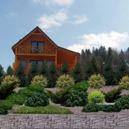 Wizualizacja ogrodu kaskadowego przed drewnianym domem z bali, z kamiennym murem oporowym i różnorodną roślinnością: krzewy iglaste, kwitnące krzewy i drzewa iglaste, na tle lasu.