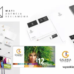 Zestaw materiałów reklamowych: wizytówki, papier firmowy, notatnik, billboard z reklamą galerii handlowej, plakat promujący otwarcie galerii.