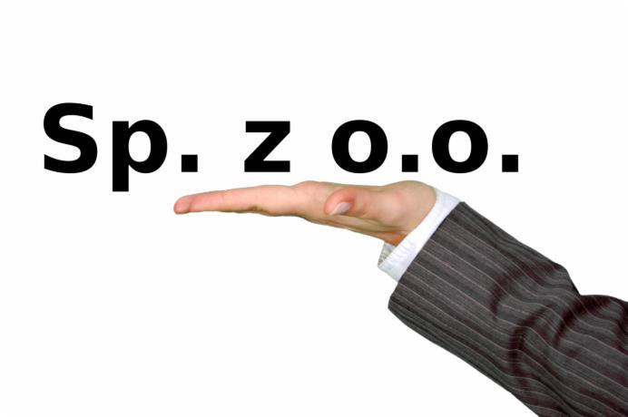 Dłoń w ciemnym garniturze prezentuje napis Sp. z o.o. na białym tle.