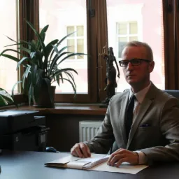 Mężczyzna w okularach i garniturze siedzi za biurkiem w kancelarii, w tle okno z widokiem na budynek i statuetka Temidy, na biurku dokumenty i lampka.