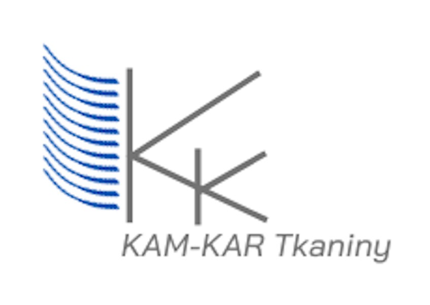 Logo firmy KAM-KAR Tkaniny z graficznym znakiem w kształcie litery K, stylizowane niebieskie fale po lewej stronie.