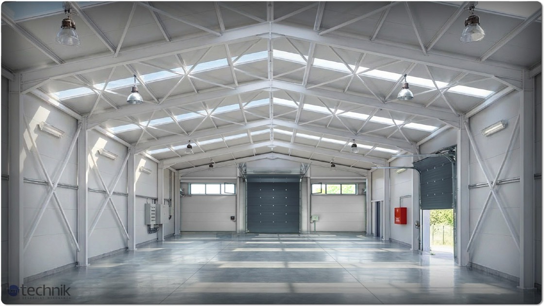 Wnętrze hali stalowej z szarą bramą segmentową, oświetleniem sufitowym i świetlikami dachowymi. Widoczne białe ściany z elementami konstrukcyjnymi w kształcie krzyży.
