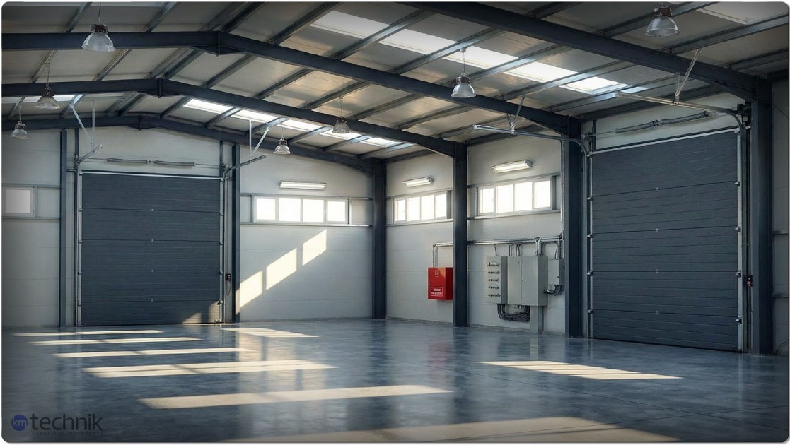 Wnętrze hali z szarą, segmentową bramą garażową, oświetlone promieniami słońca wpadającymi przez okna dachowe i boczne. Widoczna stalowa konstrukcja dachu i betonowa posadzka.
