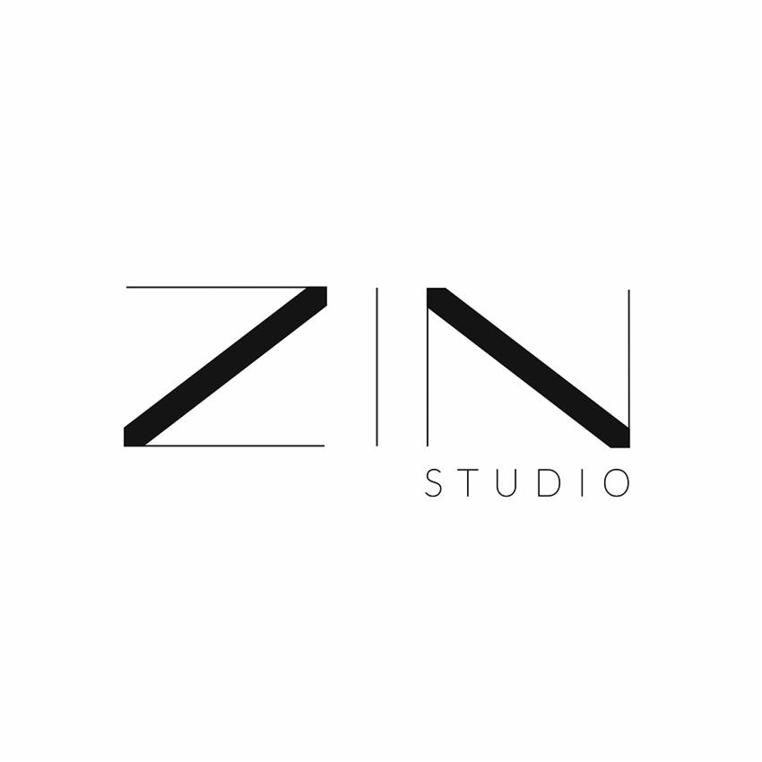 Minimalistyczne logo ZIN Studio w czerni i bieli z nowoczesną typografią.