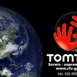 Logo firmy TomTom z czerwonymi dłońmi na czarnym tle, obok grafika Ziemi, pod spodem adres strony internetowej i numer telefonu.