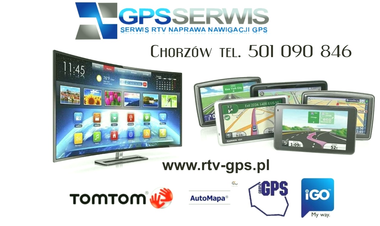 Telewizor i nawigacje GPS różnych marek (TomTom, AutoMapa, iGO) na białym tle. Reklama serwisu RTV-GPS z Chorzowa.