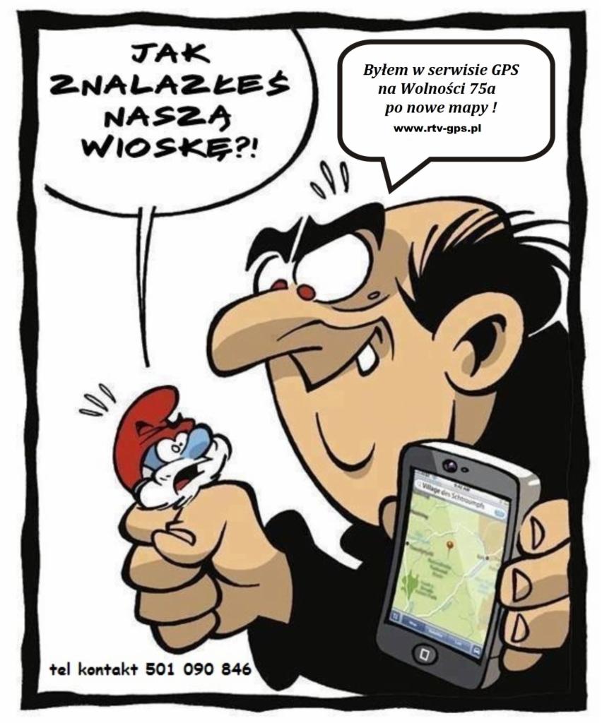 Karykatura Gargamela trzymającego Smerfa i smartfon z mapą, w dymkach dialogowych pytania o znalezienie wioski i informacja o serwisie GPS na Wolności 75a po nowe mapy.