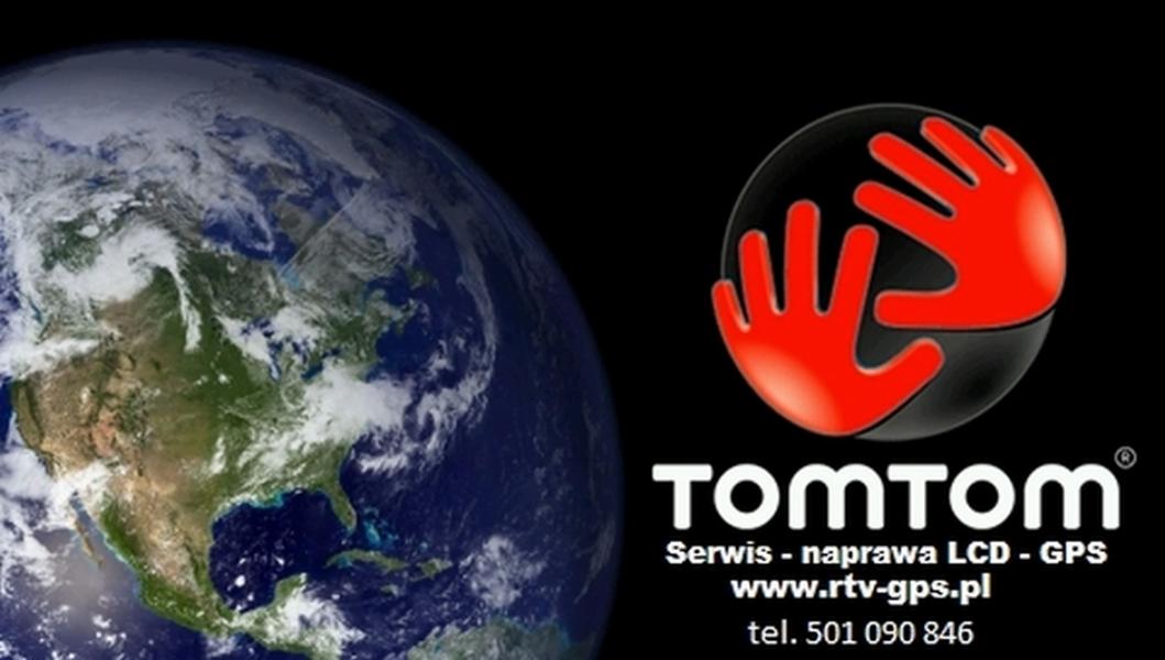 Logo firmy TomTom z czerwonymi dłońmi na czarnym tle, obok grafika Ziemi, pod spodem adres strony internetowej i numer telefonu.