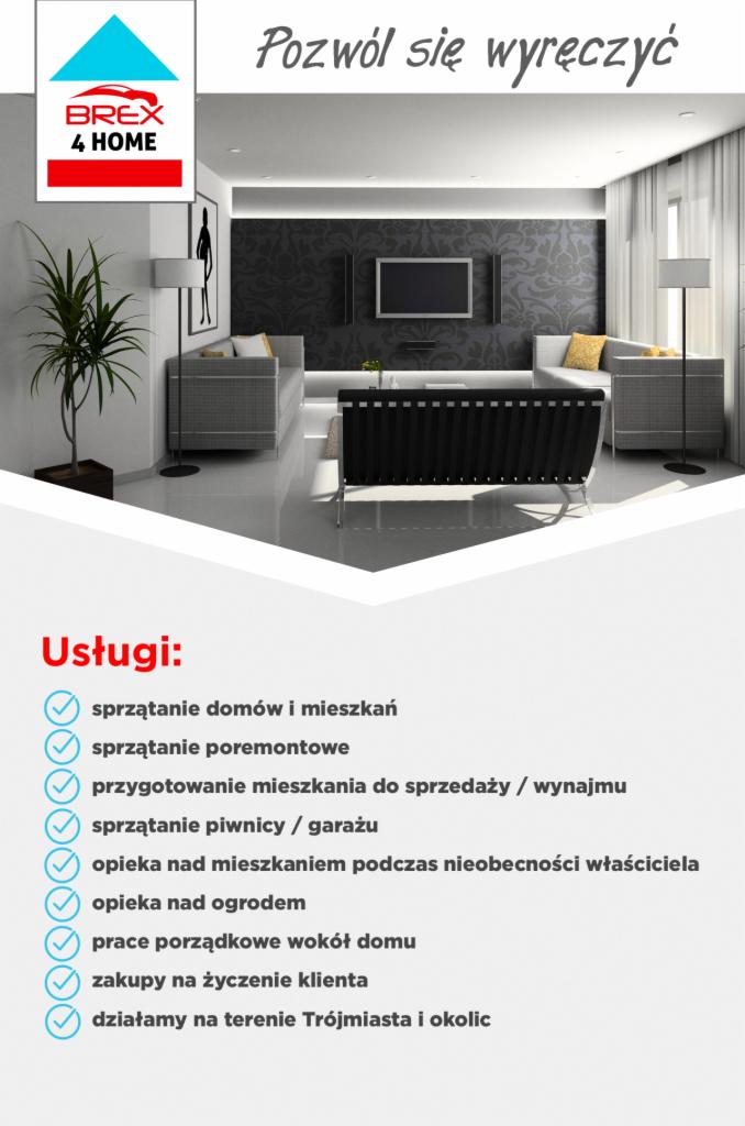 Grafika reklamowa firmy Brex 4 Home prezentująca nowoczesny salon z szarą sofą, czarnym stolikiem i dużym telewizorem na tle wzorzystej tapety, z hasłem 'Pozwól się wyręczyć' i listą usług, w tym...