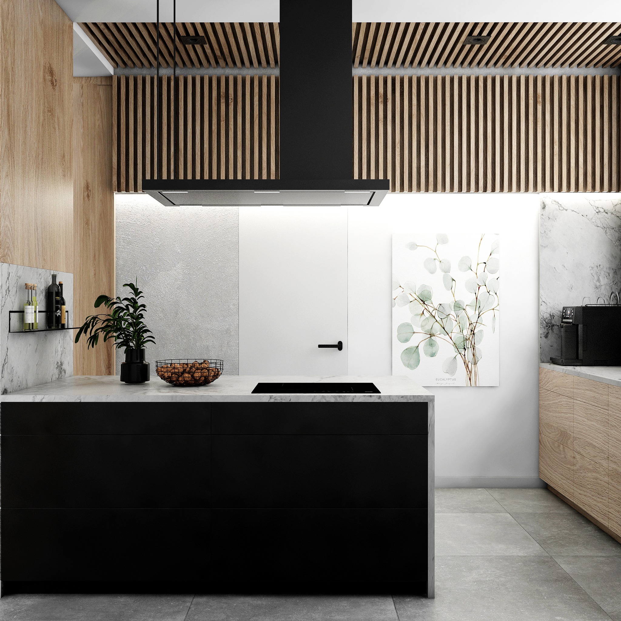 Nowoczesna kuchnia z czarną wyspą, marmurowym blatem, drewnianymi lamelami na suficie i ścianie, minimalistycznym okapem i grafiką eukaliptusa.