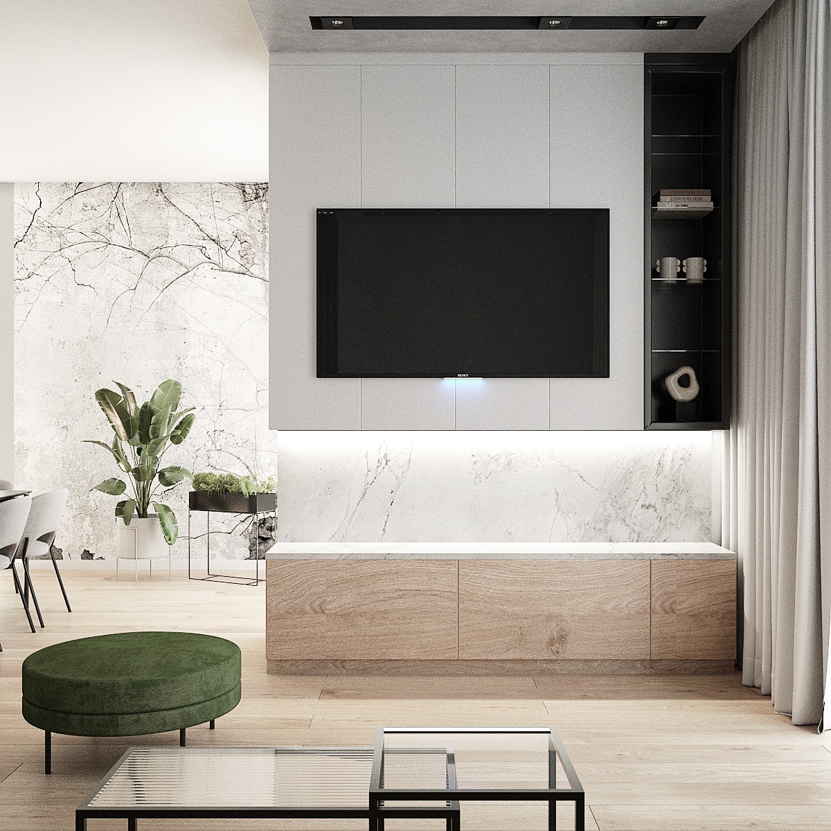 Jasne wnętrze salonu z telewizorem na ścianie, drewnianą komodą pod spodem, marmurowym panelem i zielonym pufem na pierwszym planie, minimalistyczny stolik kawowy z metalowymi nogami i szklanym...