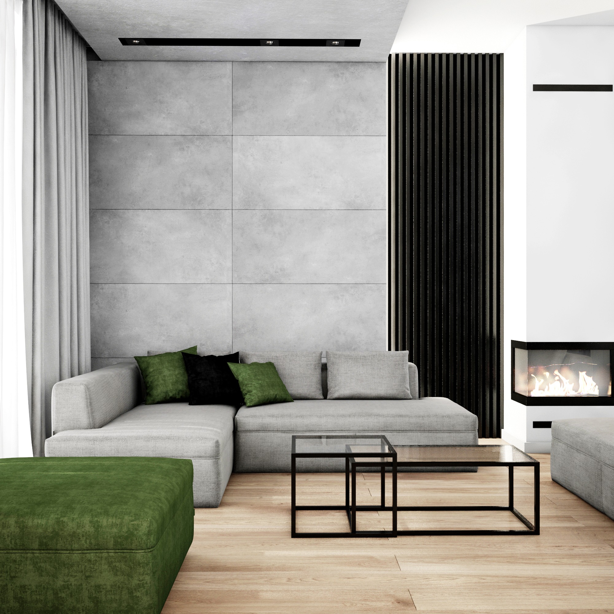 Nowoczesny salon z szarą sofą narożną, zielonym pufem, minimalistycznym stolikiem kawowym i kominkiem narożnym, na tle ściany z betonowych paneli i czarnych pionowych listew dekoracyjnych.