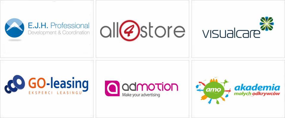 Kompilacja sześciu różnorodnych logo firmowych na białym tle, prezentujących nazwy i charakterystyczne elementy graficzne.