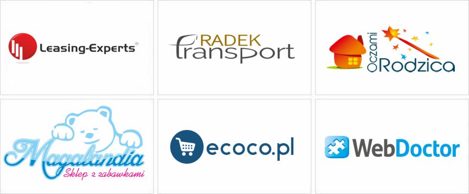 Zestaw sześciu różnych, kolorowych logo firm, prezentowanych na białym tle. Logo reprezentują firmy z branż: leasing, transport, edukacja, zabawki, e-commerce i medycyna.