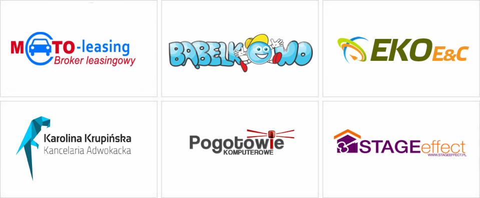 Zestaw sześciu różnorodnych, kolorowych logo firmowych na białym tle, prezentujących odmienne style graficzne i branże, od leasingu samochodowego po kancelarię adwokacką.