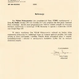 Skan referencji dla firmy 4L Studio, potwierdzający współpracę przy tworzeniu interfejsu użytkownika w technologii HTML/Javascript w oparciu o środowisko EXTJS oraz Google Maps API.