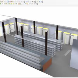 AMW Projekt - Wizualizacja 3D wnętrza sklepu z oświetleniem, regałami i kolumnami, wykonana w programie do projektowania wnętrz, z widocznymi elementami interfejsu użytkownika.