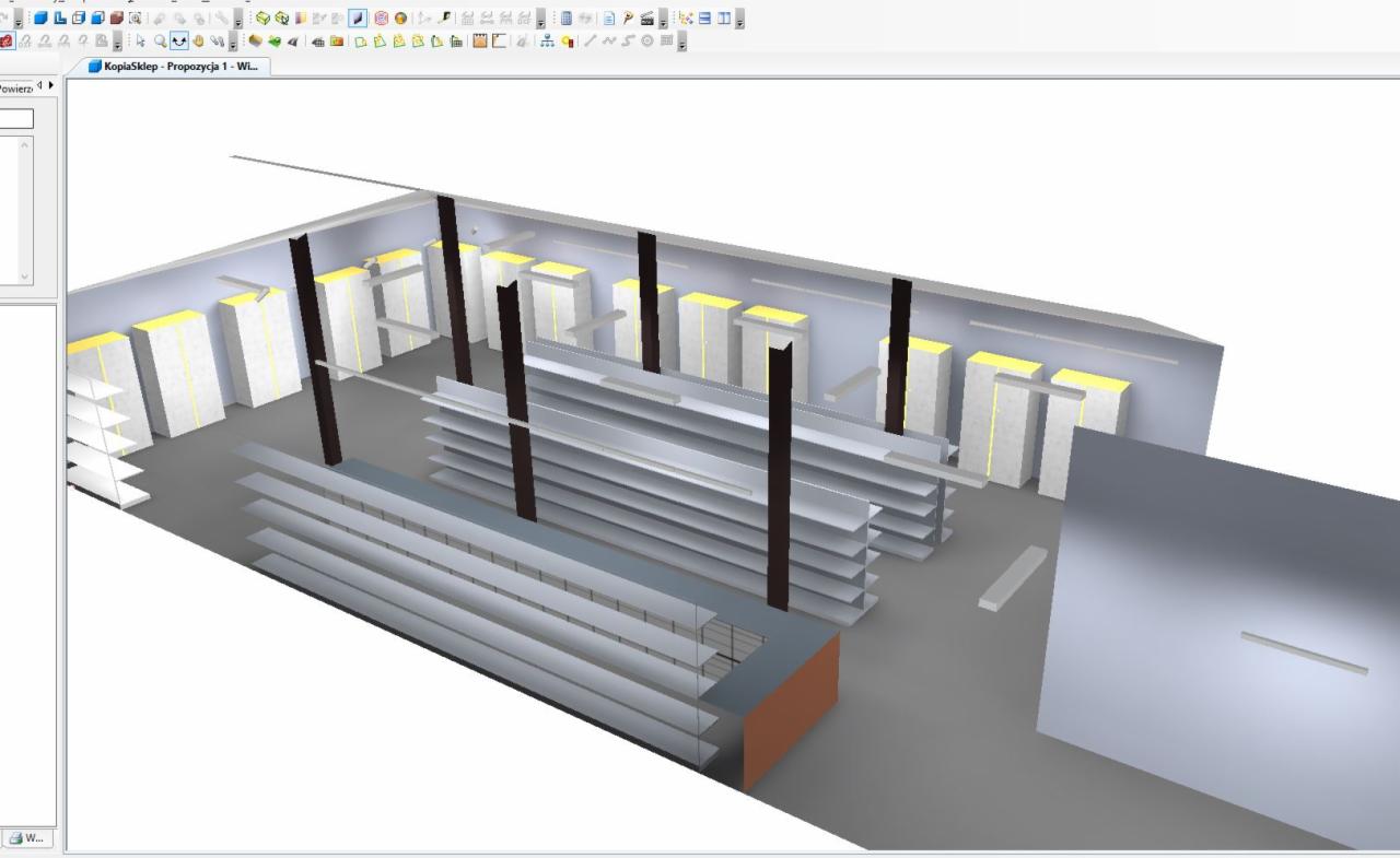 Wizualizacja 3D wnętrza sklepu z oświetleniem, regałami i kolumnami, wykonana w programie do projektowania wnętrz, z widocznymi elementami interfejsu użytkownika.
