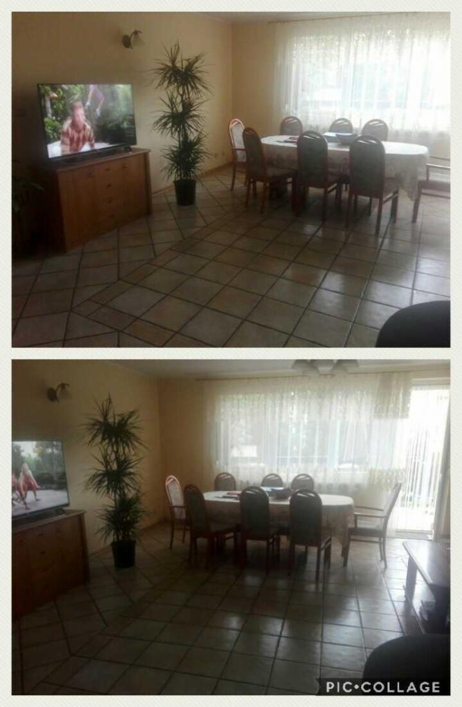 Salon z dużym telewizorem na komodzie, stołem z krzesłami i wysoką rośliną doniczkową, sfotografowany z dwóch różnych perspektyw w kolażu.