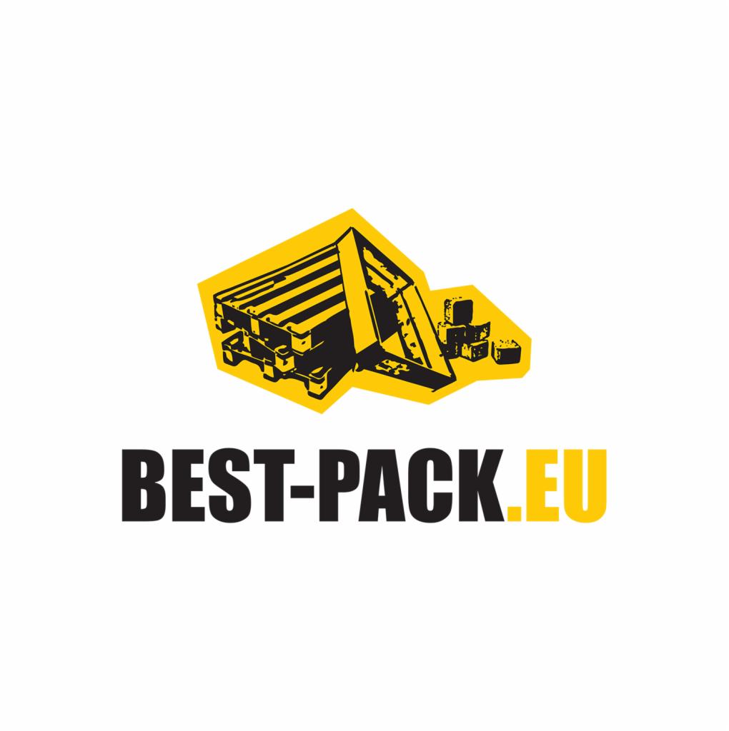 Grafika logo firmy Best-Pack.EU prezentująca palety i kostki w czarno-żółtej kolorystyce na białym tle, stylizowana na grunge.
