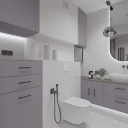 Nowoczesna łazienka w odcieniach szarości z podświetlanym lustrem, wiszącą toaletą z bidetką oraz umywalką nablatową.