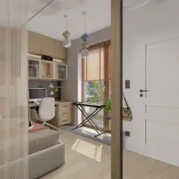 Pokój młodzieżowy z miejscem do spania i nauki: łóżko z beżową narzutą, biurko z komputerem, keyboard przy oknie, ściana z cegły z dekoracjami w stylu retro, oświetlenie punktowe.