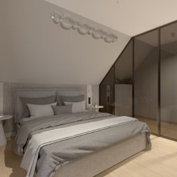 Modei Sztuka & Design - Neutralna sypialnia na poddaszu z łóżkiem, szafą z przesuwnymi drzwiami i lampą sufitową. Minimalistyczny design z drewnianą podłogą i rośliną w doniczce.
