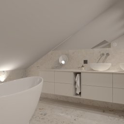Modei Sztuka & Design - Jasna łazienka na poddaszu z wolnostojącą wanną, dwiema umywalkami nablatowymi i beżową mozaiką na ścianach. Minimalistyczny design, oświetlenie punktowe.