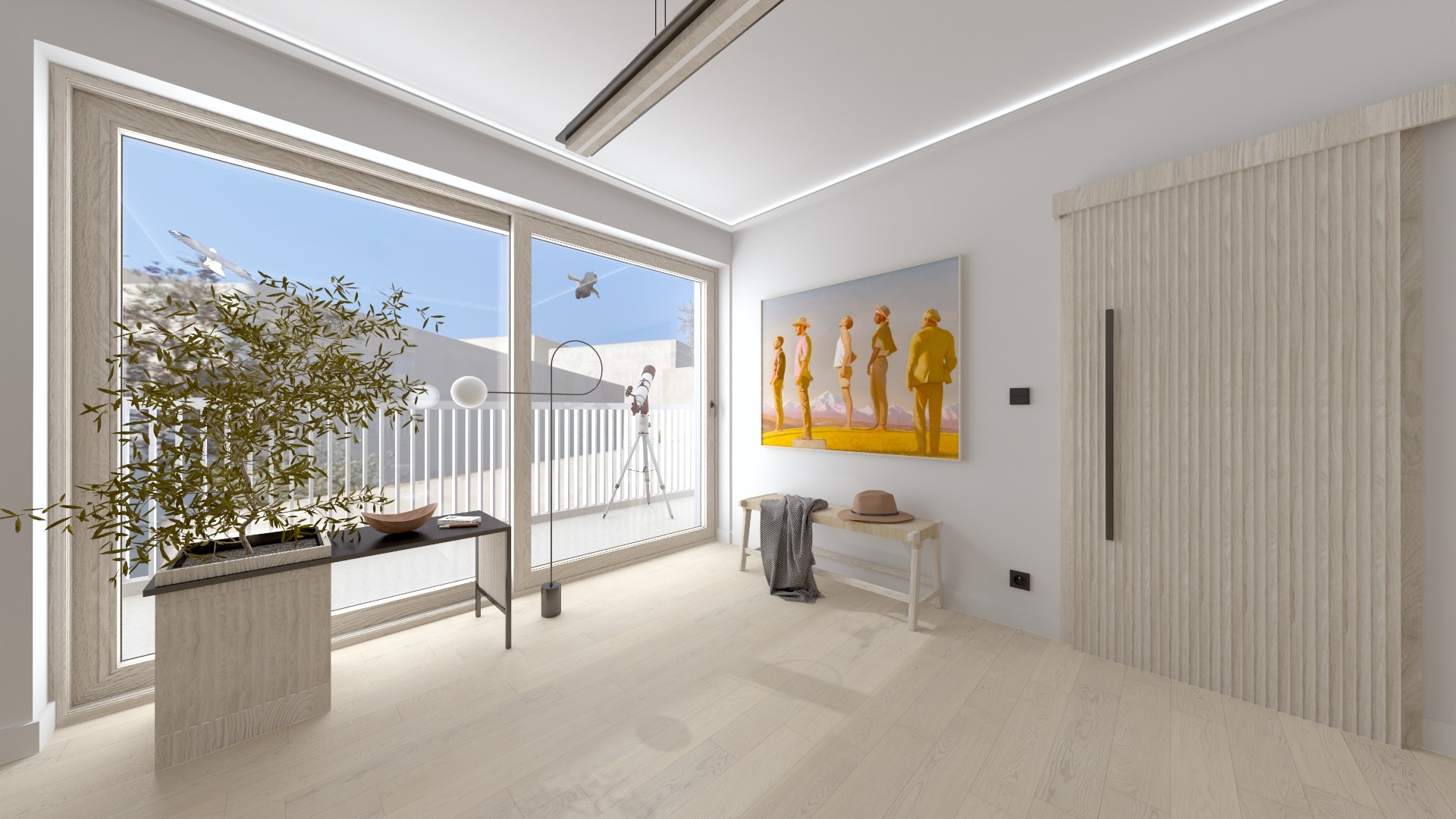 Jasne wnętrze z dużym oknem, przez które widać balkon, nowoczesna lampa, obraz z postaciami na ścianie, drewniane drzwi z pionowymi żłobieniami, roślina w donicy i teleskop.