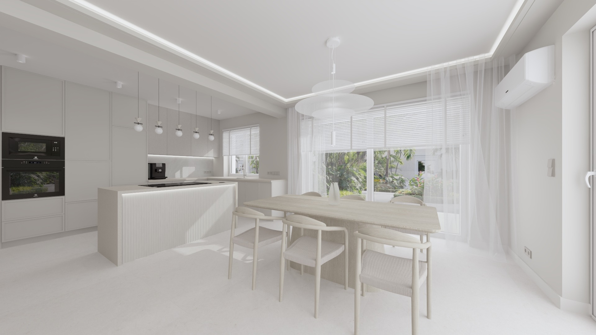 Jasne, minimalistyczne wnętrze kuchni z jadalnią, dominują biel i beże, widoczne zabudowane szafki kuchenne z piekarnikiem i mikrofalówką, wyspa z dekoracyjnym panelem, stół z krzesłami i widok...