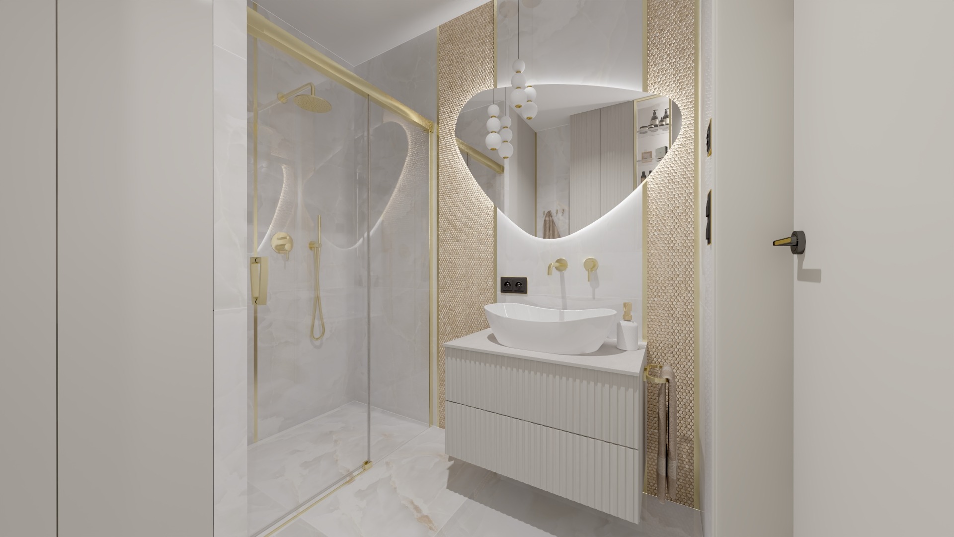Nowoczesna łazienka z kabiną prysznicową typu walk-in, umywalką nablatową o owalnym kształcie i lustrem z podświetleniem LED w kształcie nieregularnej elipsy, złote elementy armatury i wykończenia.