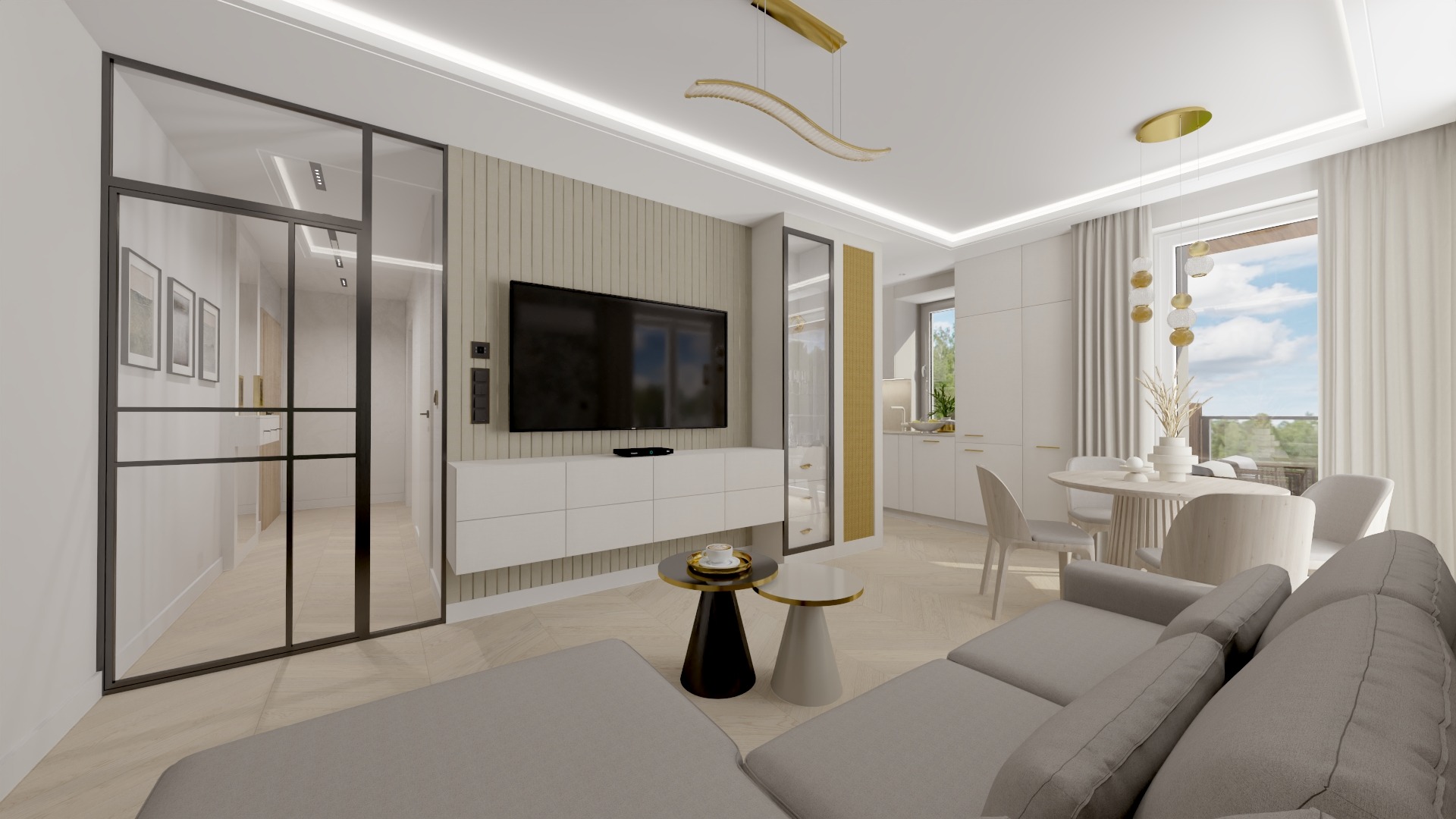 Jasne wnętrze mieszkania z nowoczesnym salonem, szklanymi drzwiami w czarnej ramie, telewizorem na ścianie z panelami, minimalistyczną szafką RTV, okrągłym stołem jadalnianym i szarą sofą.