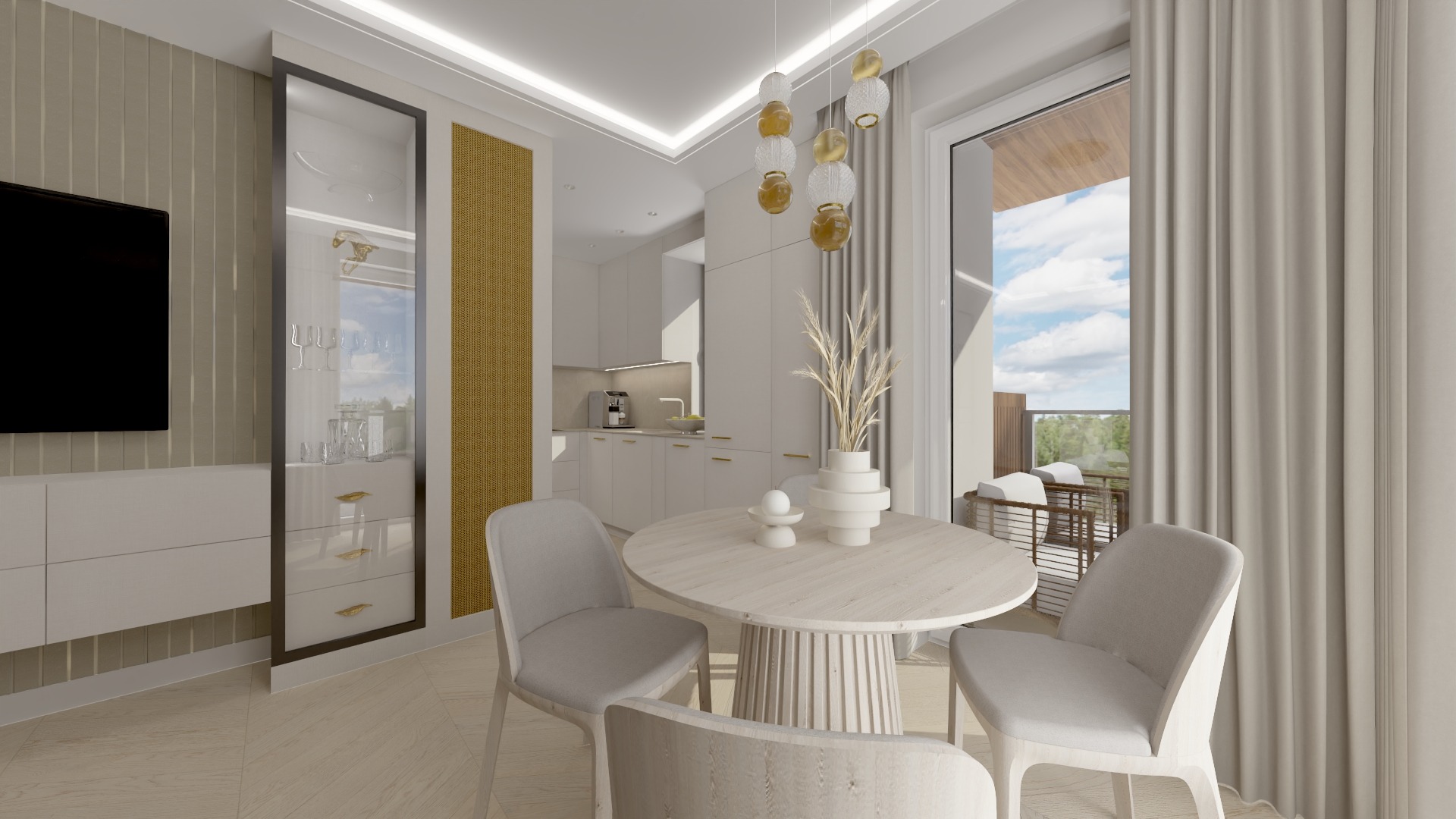 Jasne, nowoczesne wnętrze z okrągłym stołem, krzesłami w odcieniach szarości i widokiem na balkon, z kuchnią w tle. Nad stołem wiszą dekoracyjne, szklane lampy.