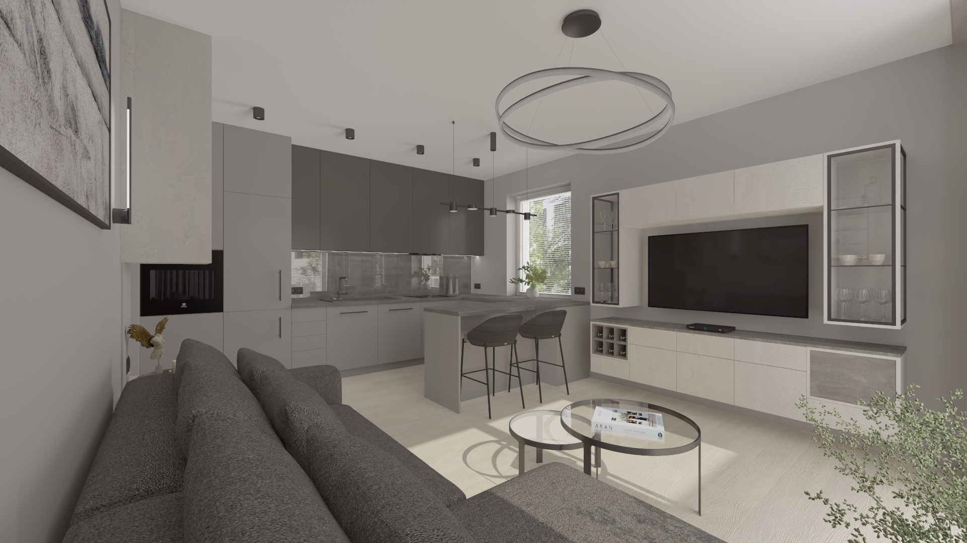 Wizualizacja nowoczesnego salonu z aneksem kuchennym w szarościach, z wyspą, minimalistycznym oświetleniem i telewizorem na ścianie.