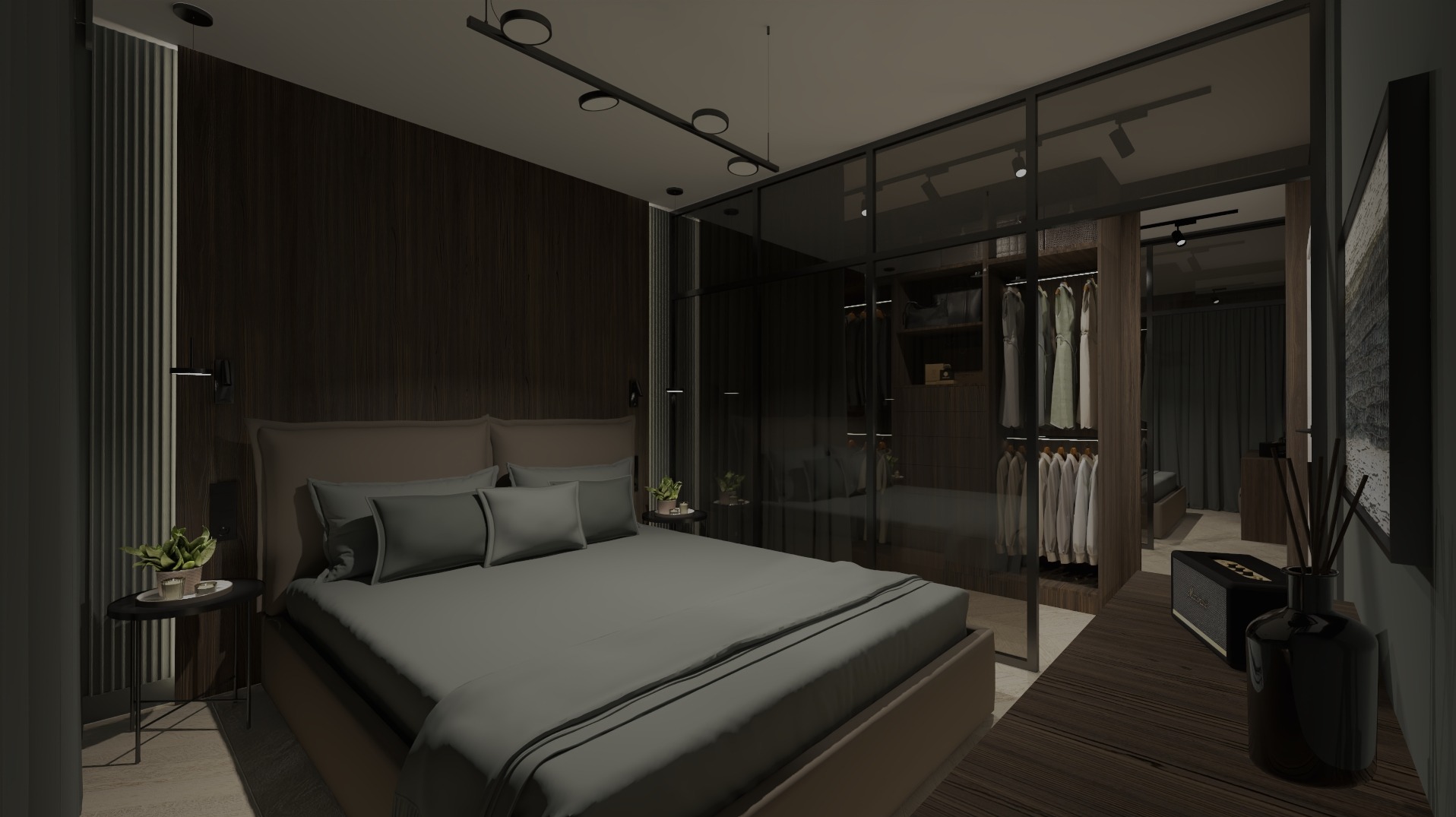 Nowoczesna sypialnia z ciemnymi drewnianymi panelami, szklaną garderobą z wbudowanym oświetleniem, łóżkiem w odcieniach szarości i minimalistycznym oświetleniem sufitowym.