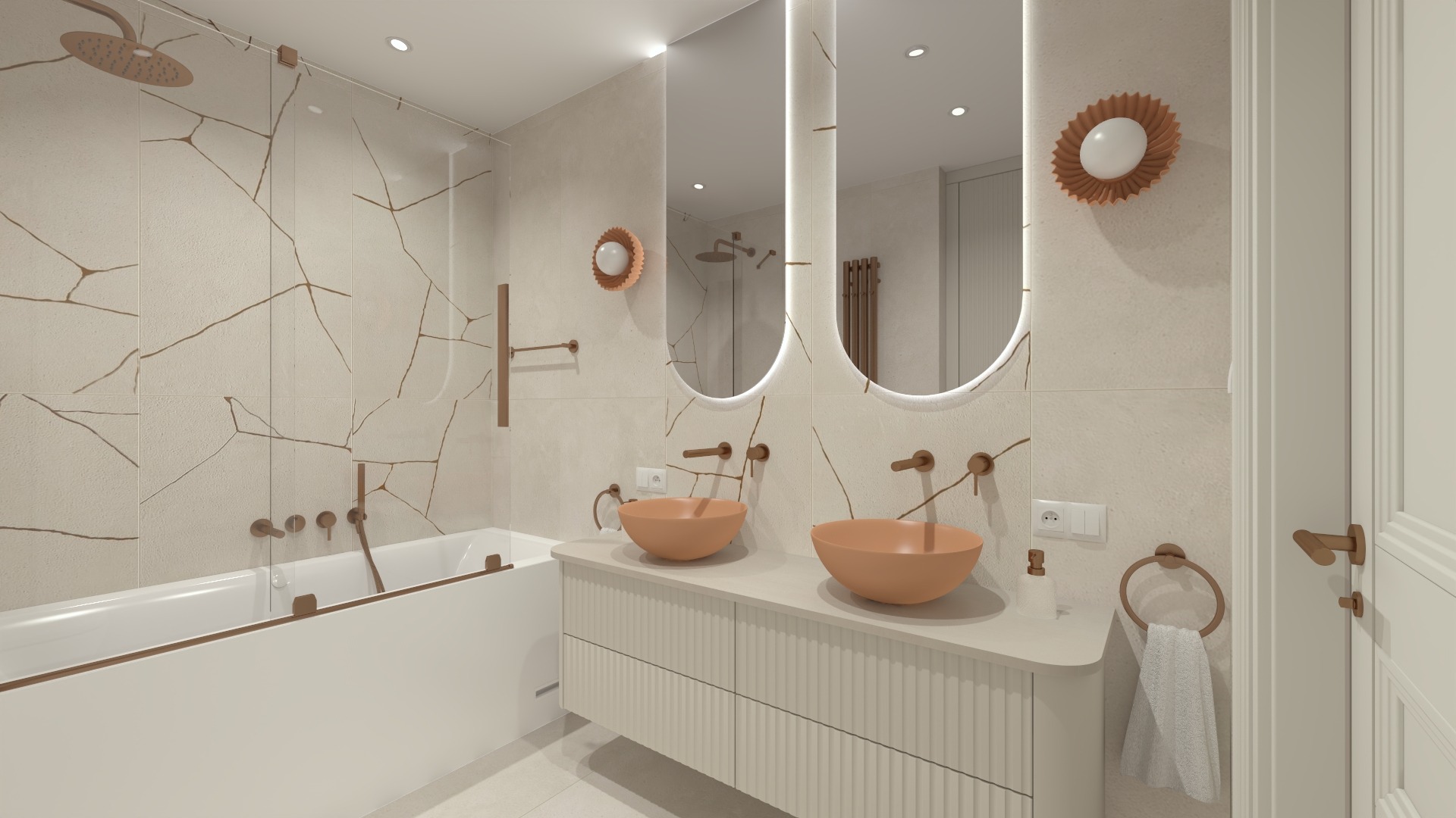 Elegancka łazienka z dwoma umywalkami w odcieniach brzoskwini, podświetlanymi lustrami i płytkami imitującymi marmur z żyłami w kolorze miedzi. Nowoczesny design.